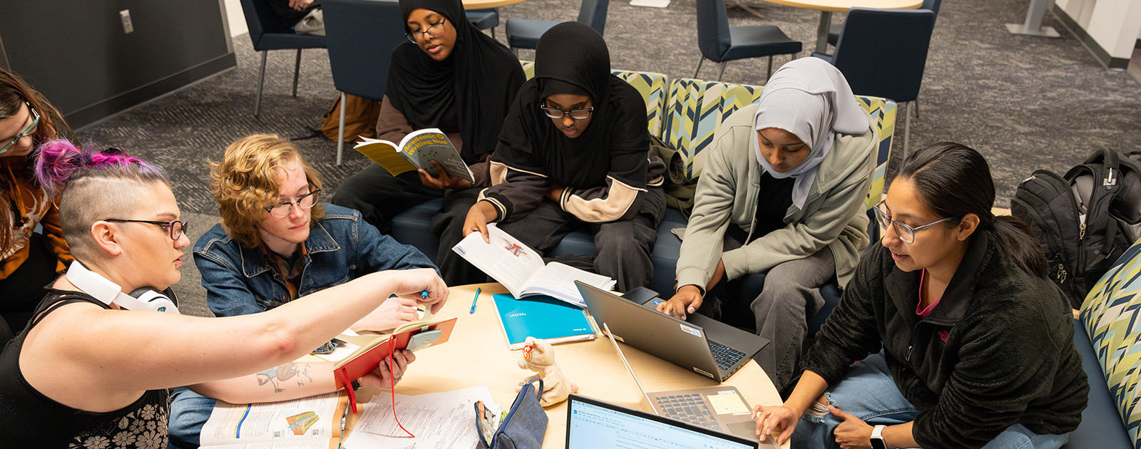 A group of SCC students studying in one of the student lounges